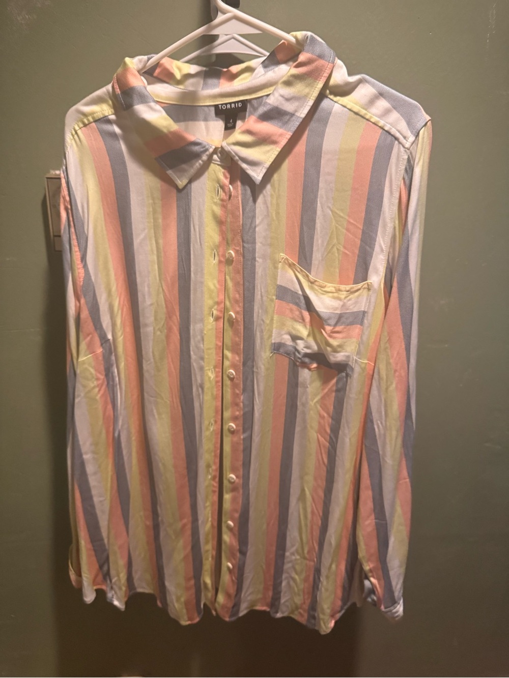 torrid Pastel Vertical Stripe Button-Down Shirt - Pink, Blue, Yellow, Cream